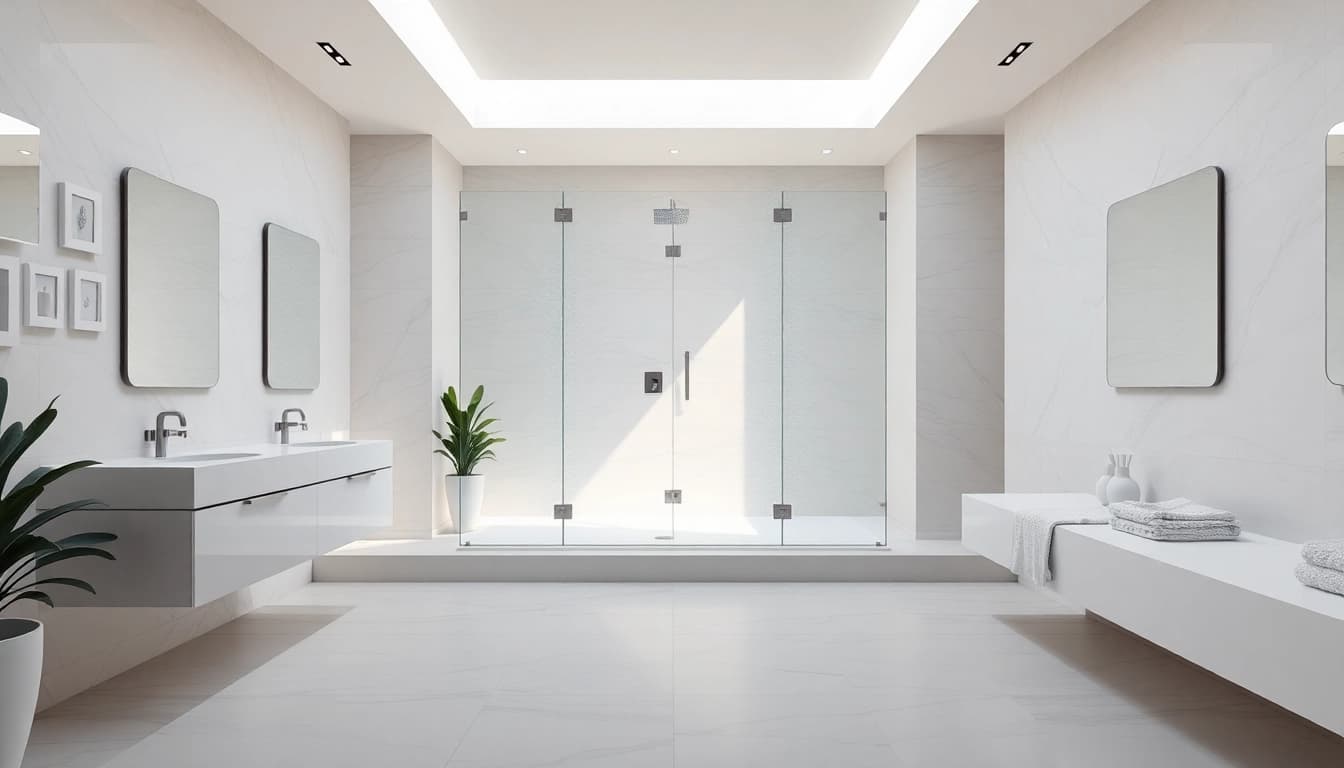 Modern semi frameless shower screens enhancing a bright bathroom's aesthetic.