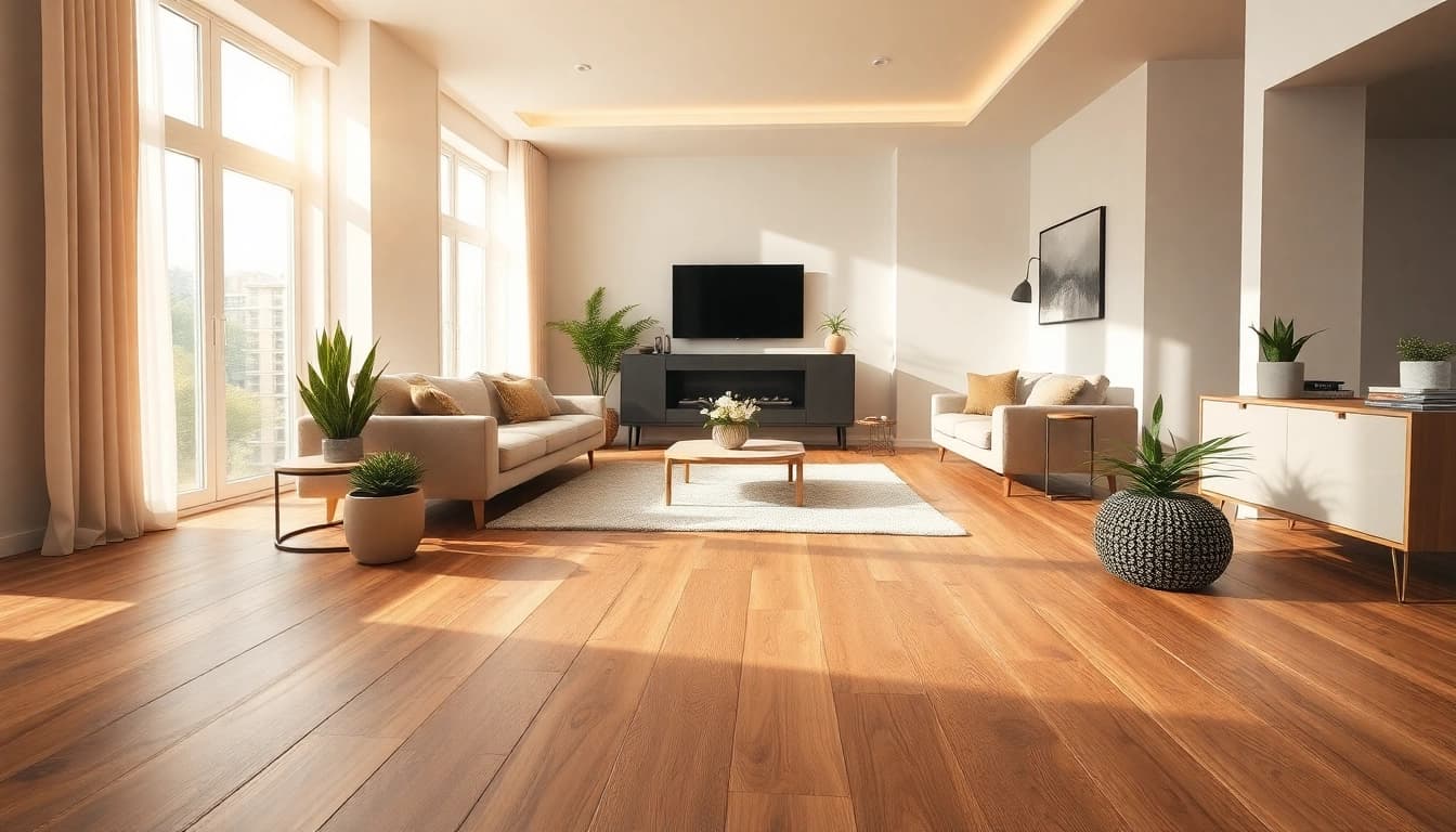 Install luxury vinyl flooring in a modern living room showcasing its elegance and seamless design.
