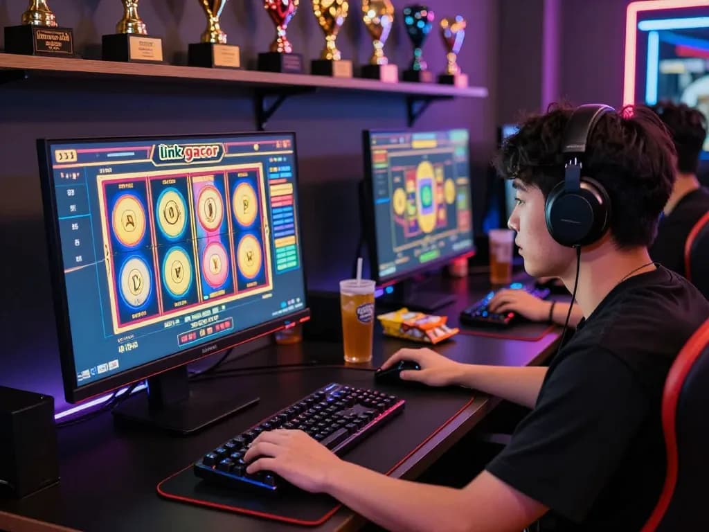 Gamer focused on link gacor slot game, vibrant atmosphere with colorful reels and gaming setup.