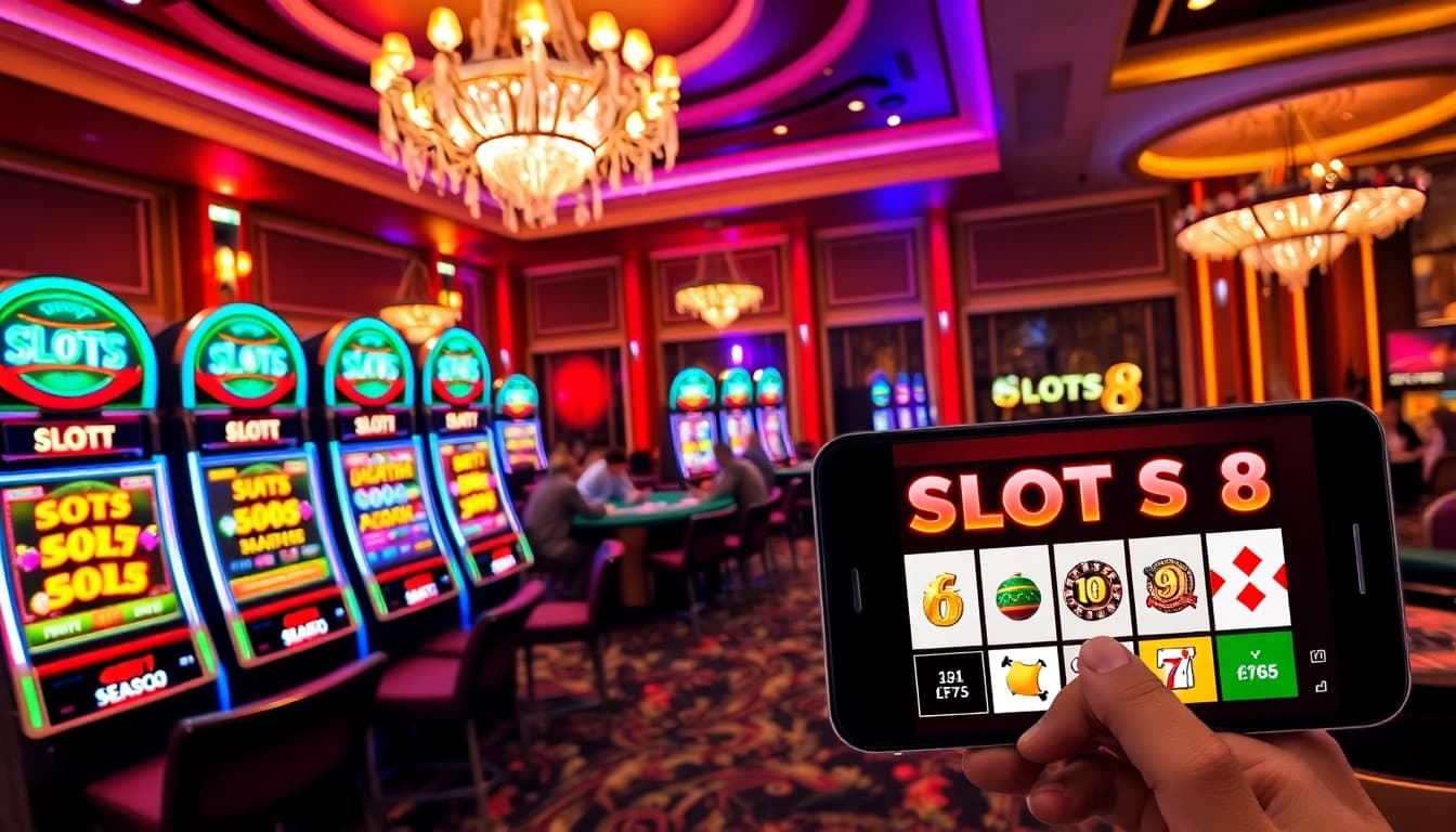 SLOTS8 themed slot machines in a vibrant casino atmosphere with poker chips and cards.