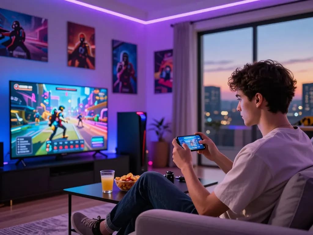 Exciting gaming scene featuring a user playing tải go88 on a smartphone in a vibrant living room.