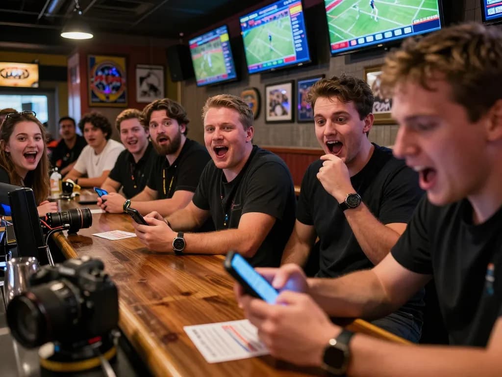 Engaging in F168 sports betting action with patrons cheering and using smartphones at a vibrant sports bar.