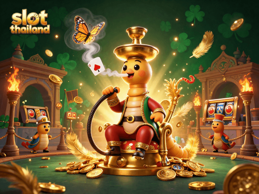 Immerse in the excitement of slot thailand with a vibrant 3D illustration of a caterpillar hookah-master amidst gambling symbols.