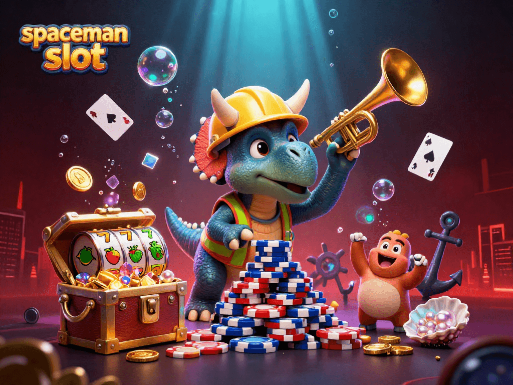 Experience the thrill of the spaceman slot with vibrant characters building poker chip pyramids amidst underwater treasures.