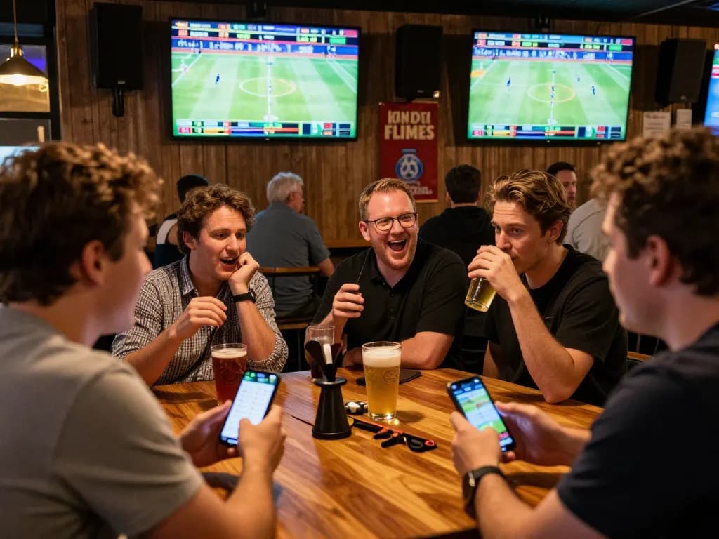 Sports fans engaging in live betting at tg88 while watching the game, excitement in a vibrant bar atmosphere.