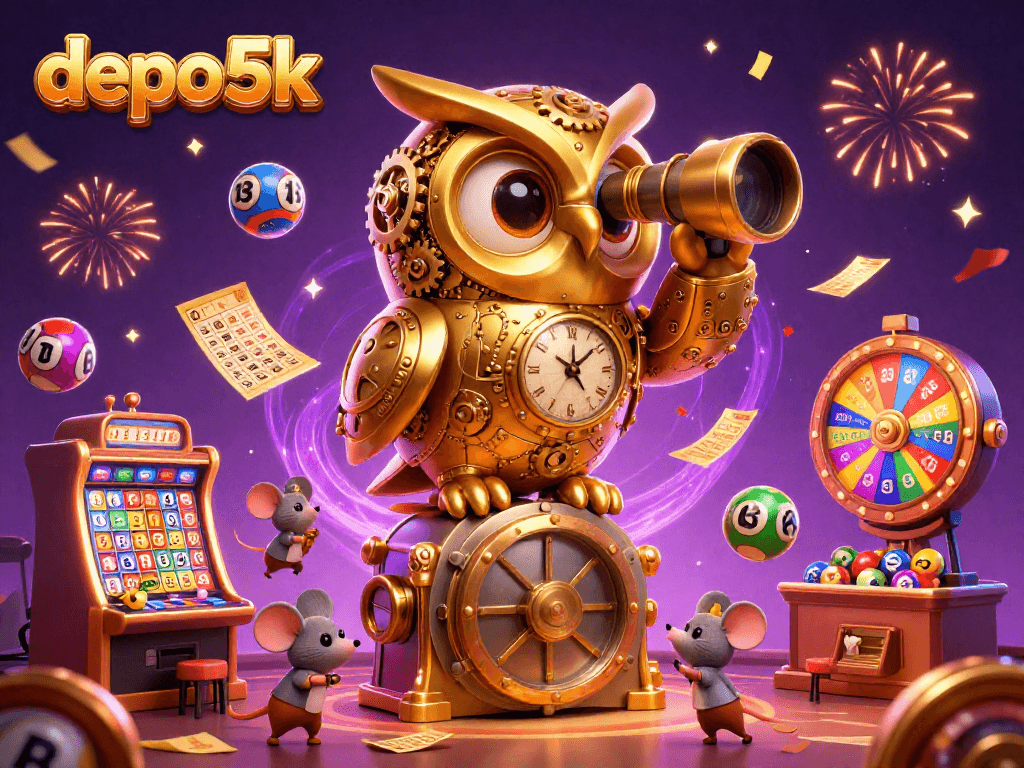 Experience the thrill of depo 5k with a vibrant, animated 3D casino scene showcasing bustling slot machines and delightful characters.