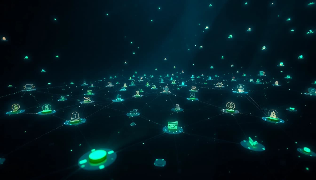 An illustration representing the hidden wiki on the dark web, featuring interconnected digital nodes and cryptocurrency symbols in a mysterious atmosphere.