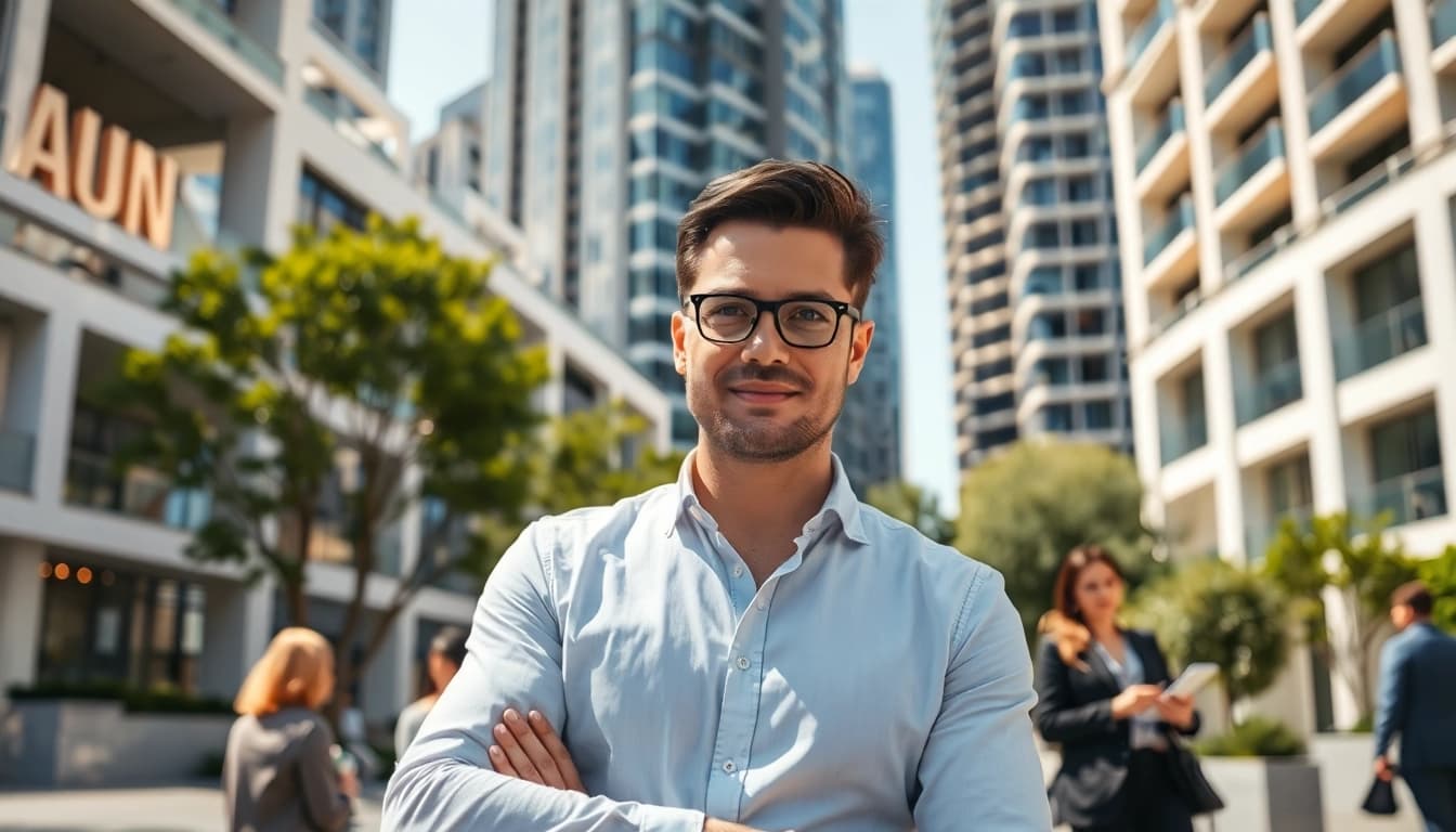 Real Estate agent showcasing modern homes with vibrant city backdrop and natural lighting.