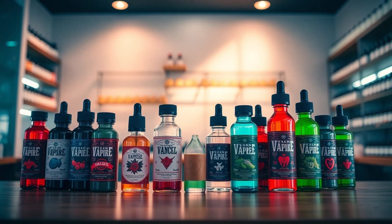 Explore vibrant vape juice flavors displayed artfully on a modern shop counter.