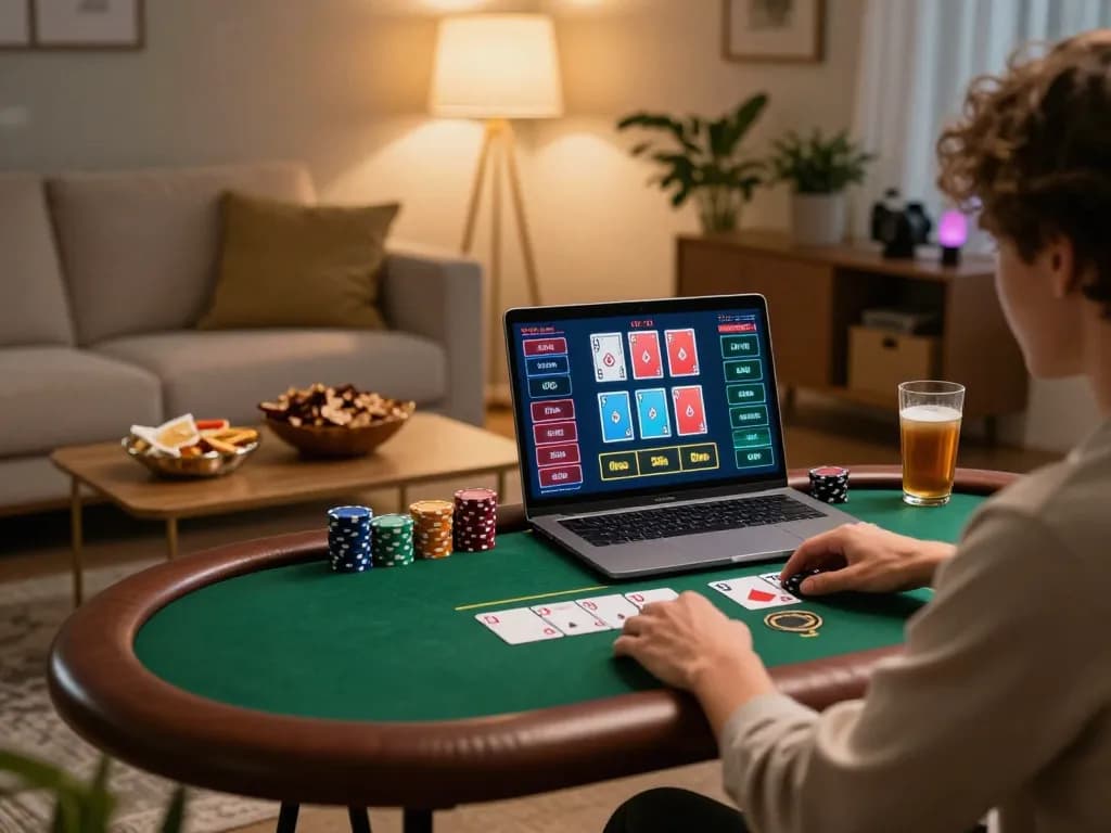 SC88 user placing a bet during an online poker game on laptop in cozy setting