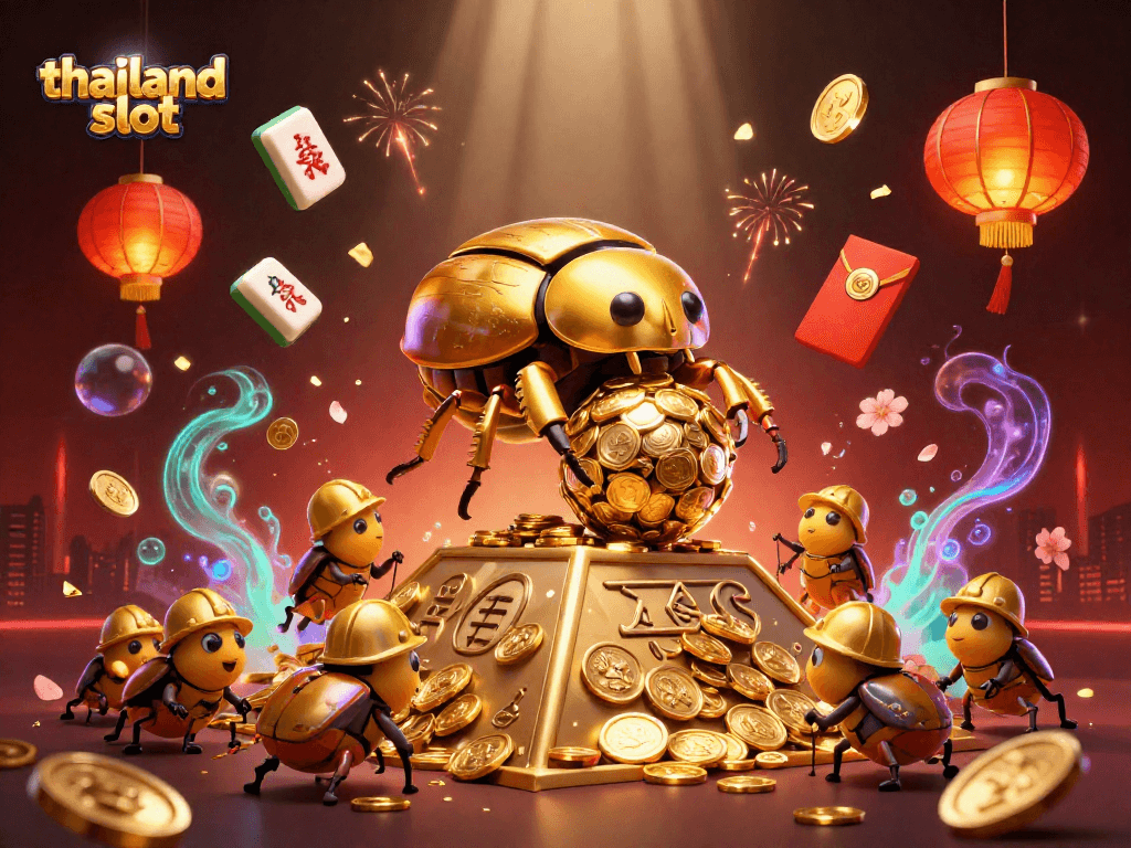 Experience the excitement of thailand slot with a vibrant 3D scene featuring golden beetles and casino symbols.