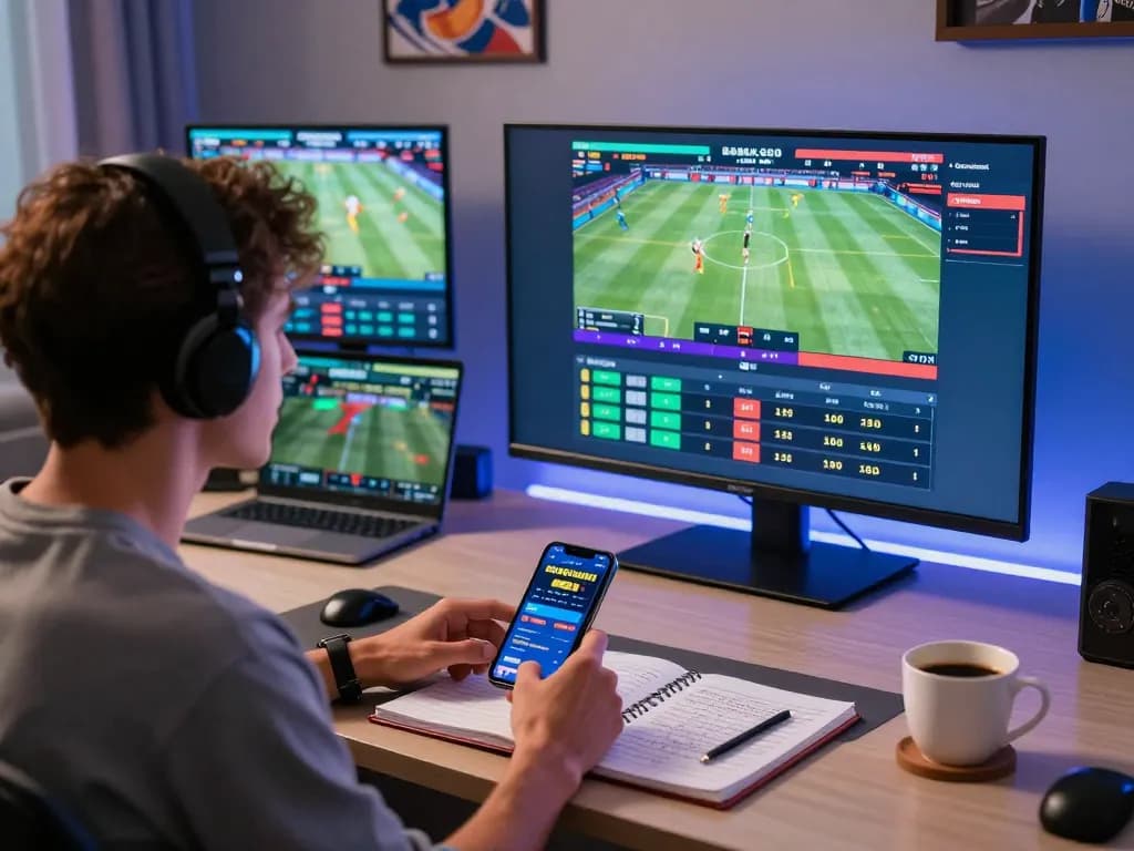 Engaging home setup for g28-t1 sports betting, featuring multiple screens and strategy notes.