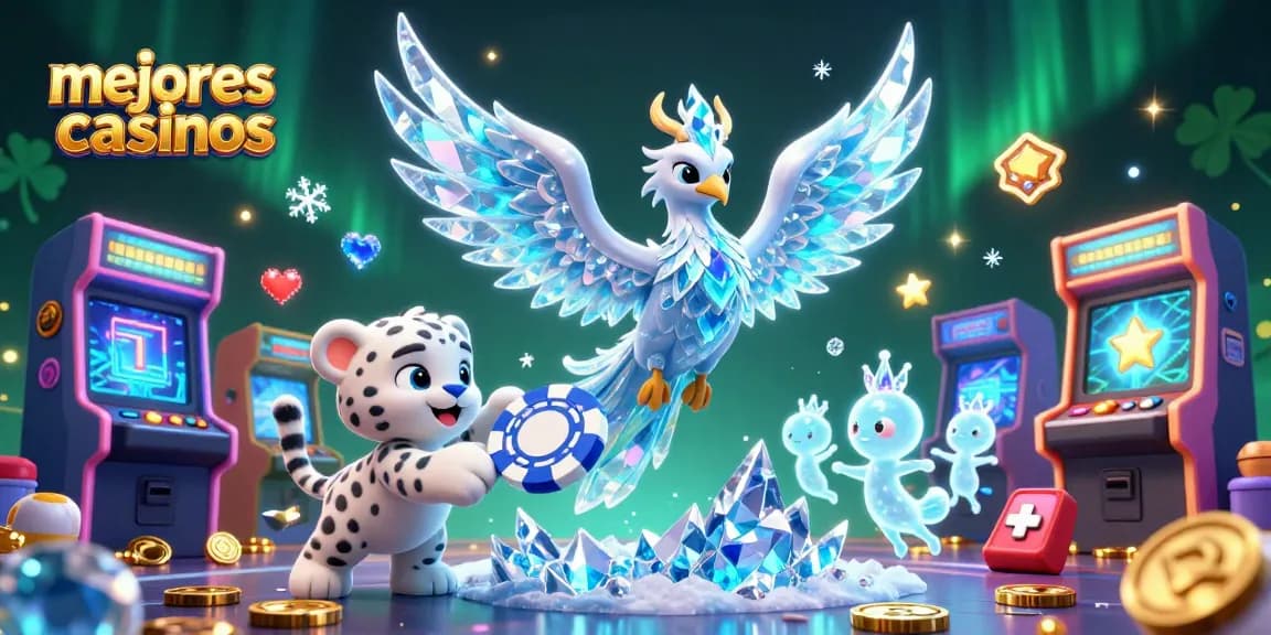 Juega en los mejores casinos con la ilustración de una fénix de hielo y símbolos de juego brillantes.