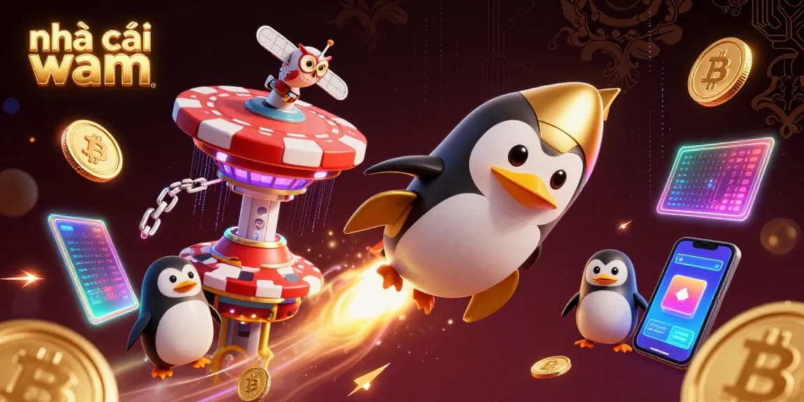 Experience thrilling excitement at nhà cái vmax with the golden penguin racing past vibrant casino elements.