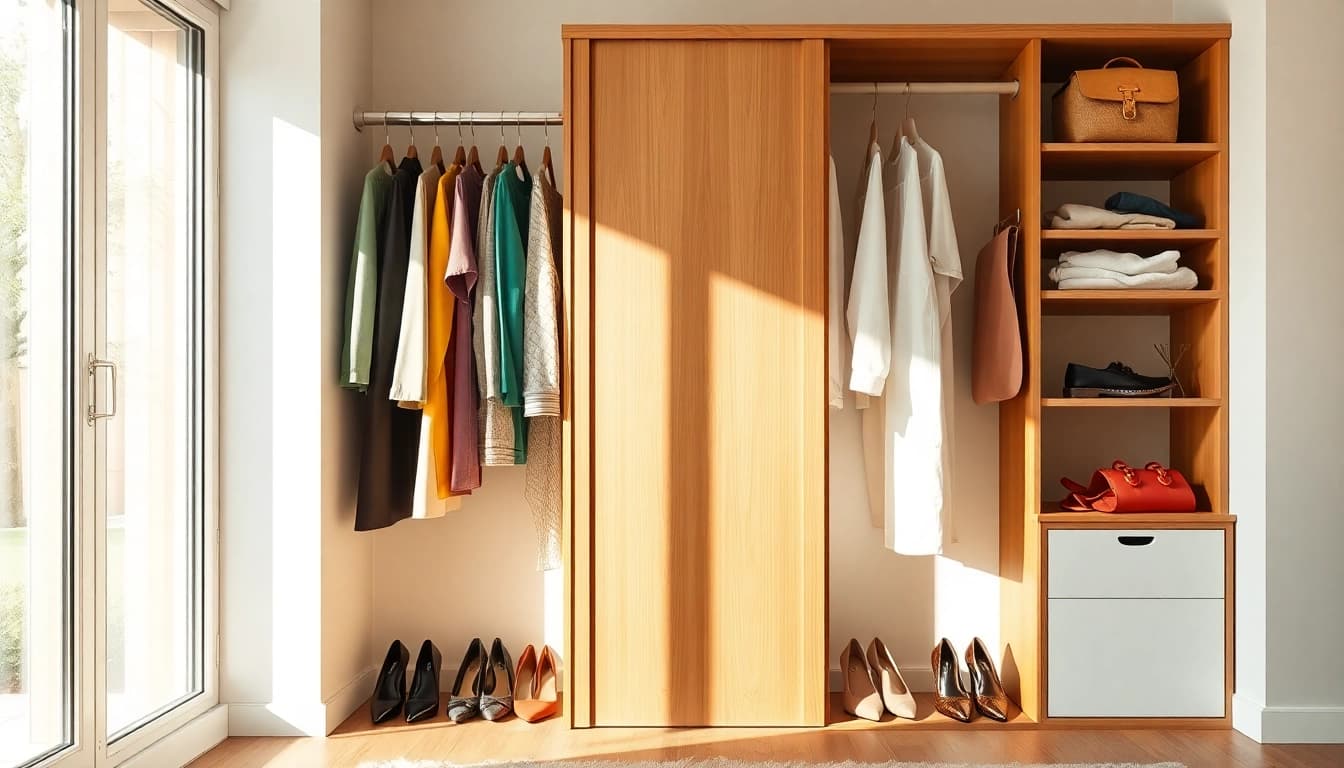 Enhance closet organization with a stylish and orderly setup featuring colorful clothes and shoes.