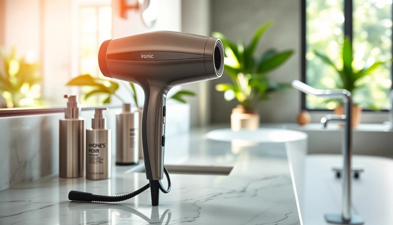 Styling with an Ionic hair dryer placed elegantly on a marble countertop in a bright bathroom.