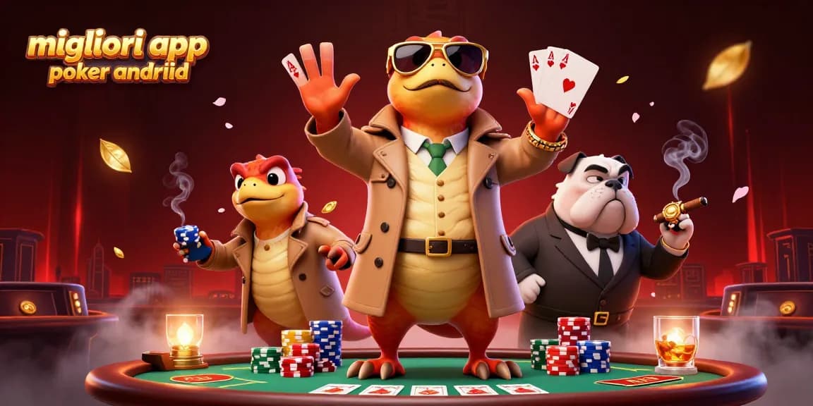 Giocare con le migliori app poker android in un'illustrazione vivace di un trio di rapaci in un casinò.
