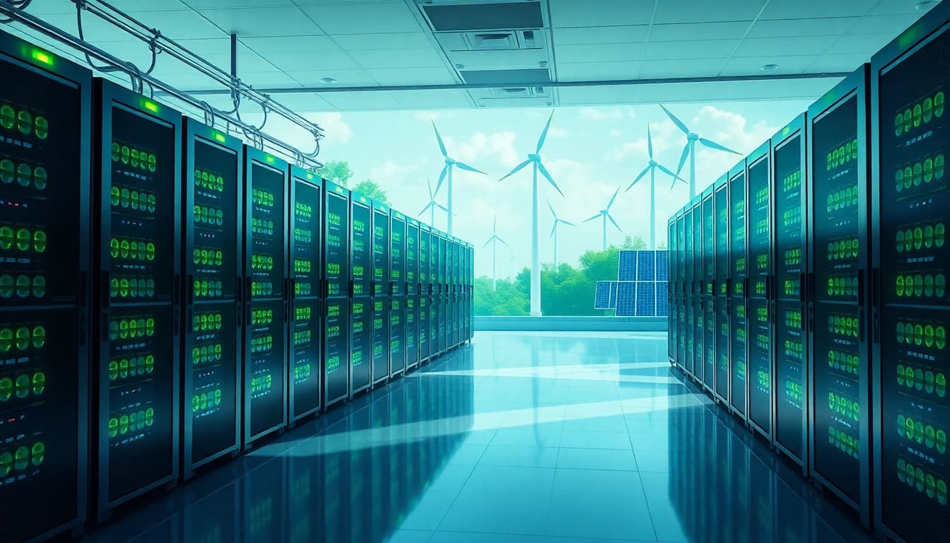 Crypto cloud mining facility showcasing high-tech servers and renewable energy sources in a professional setting.