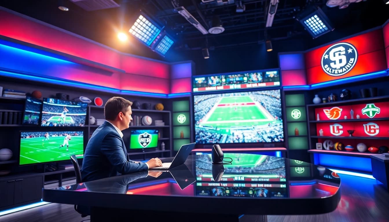 Engaging sports broadcasting scene with an analyst presenting game highlights.