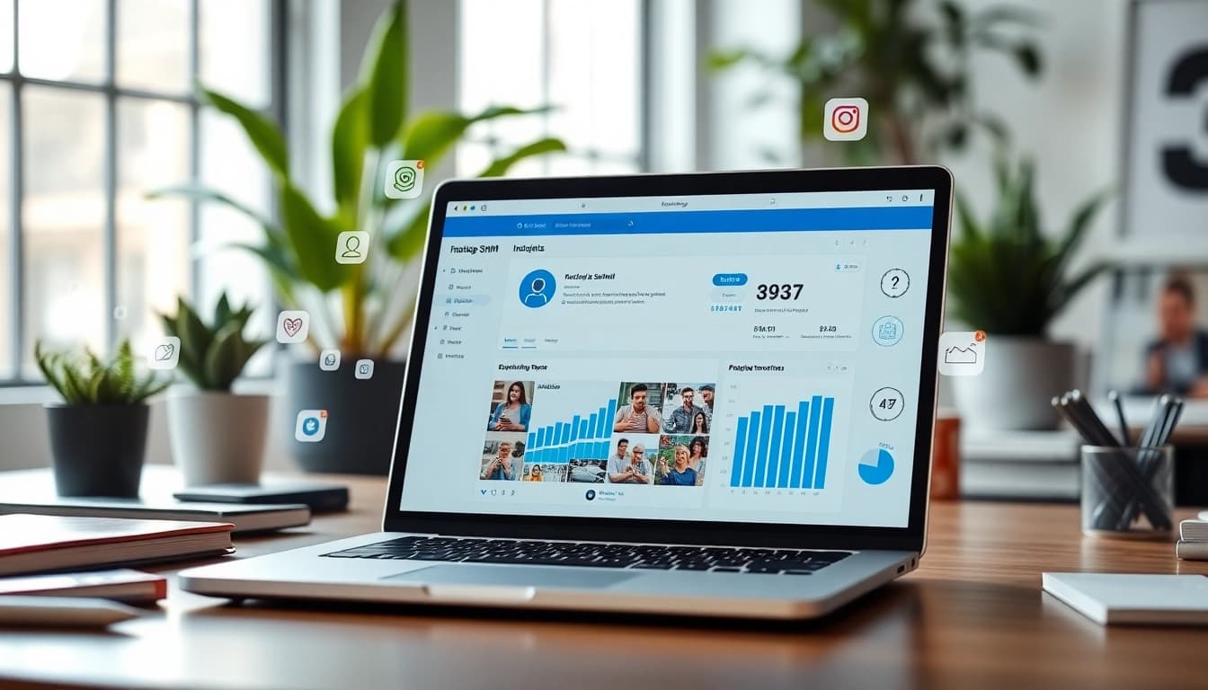 Engage with the Instagram smm panel displayed on a sleek laptop amid social media icons and analytics.
