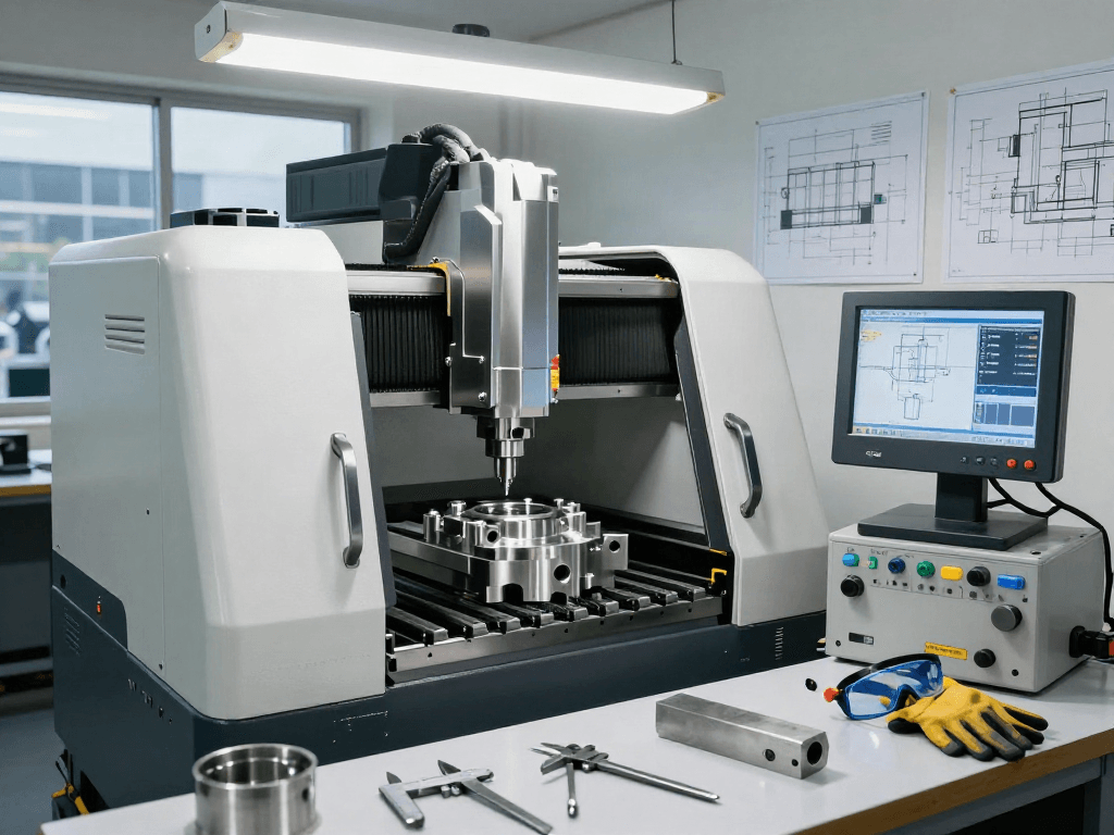 Machined stainless steel parts being produced by a machinist using CNC technology in a professional workshop setting.