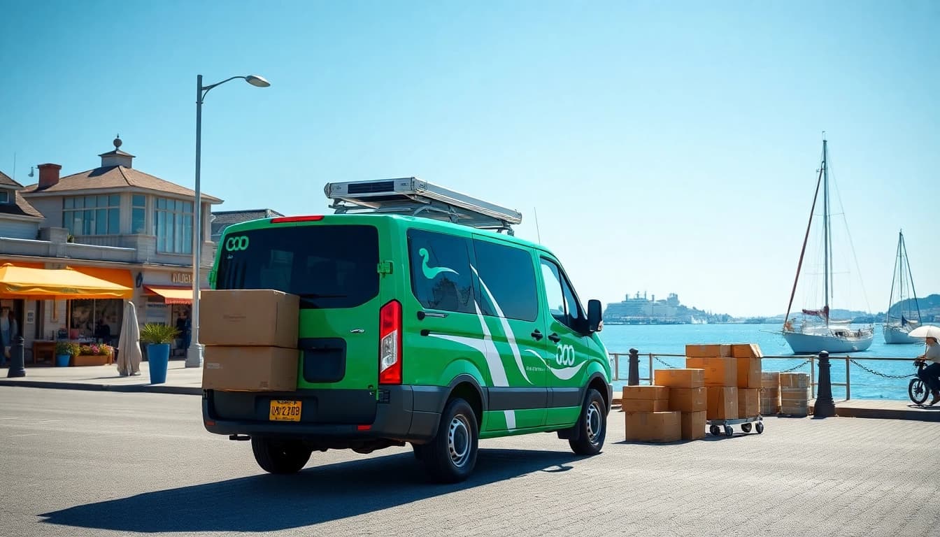 Showcasing coastal delivery Halifax Canada service, with a vibrant delivery vehicle against a scenic backdrop.