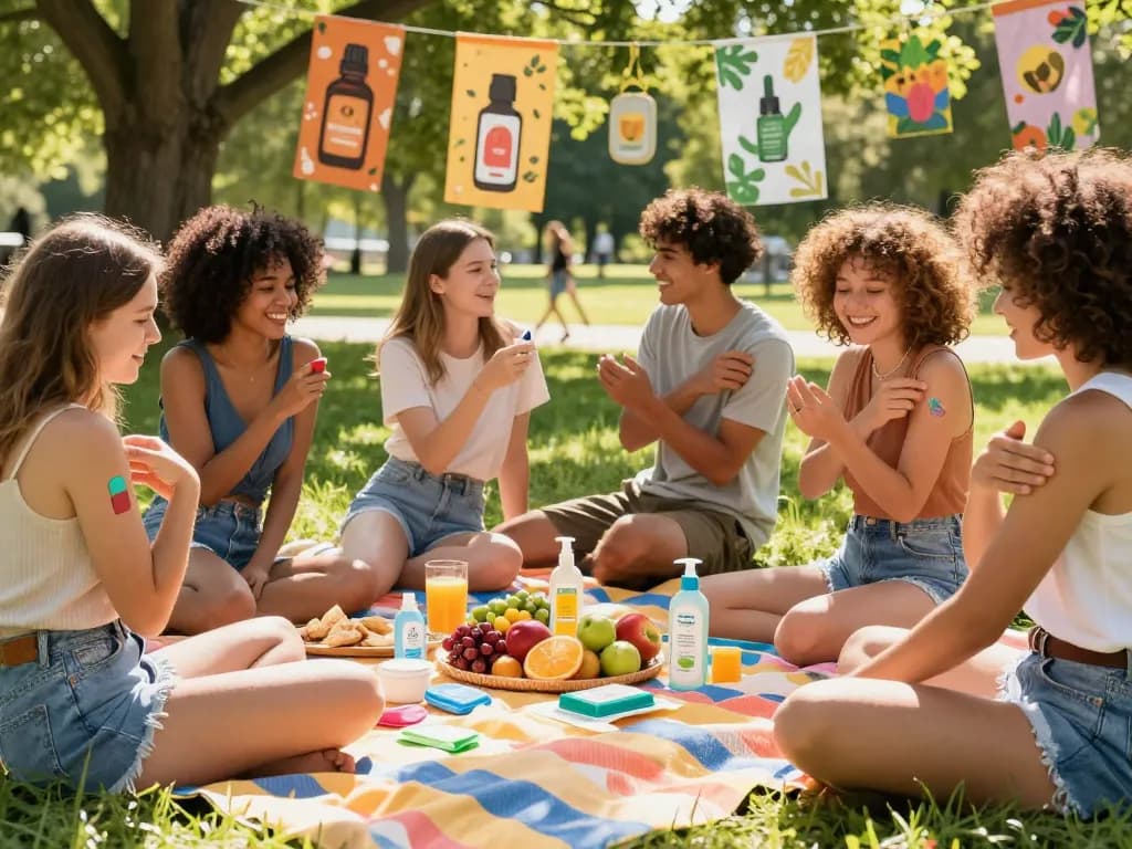 Group of friends applying mosquito repellent while enjoying a summer picnic outdoors in a sunny park, showcasing various repellent types.