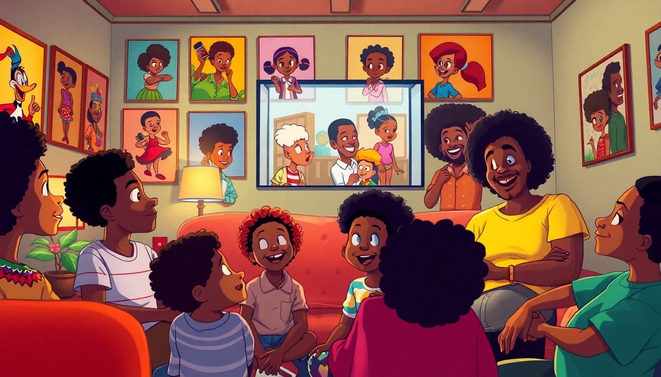 A vibrant collection of African American cartoons showcasing characters like Huey Freeman and Bebe's Kids in a cozy setting.