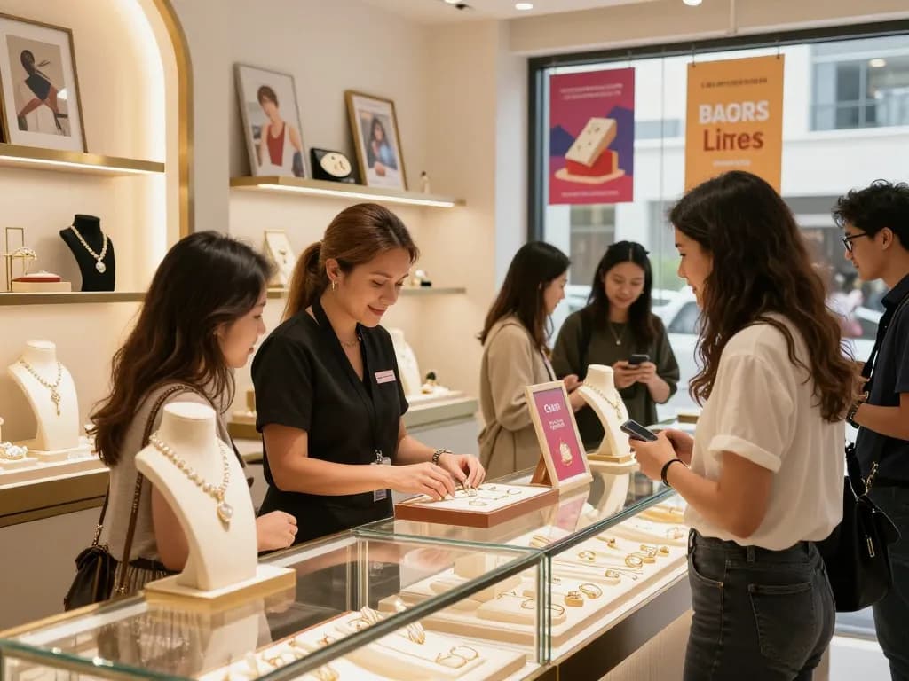 Engaging retail scene showcasing jewelry selection and customer service experience.