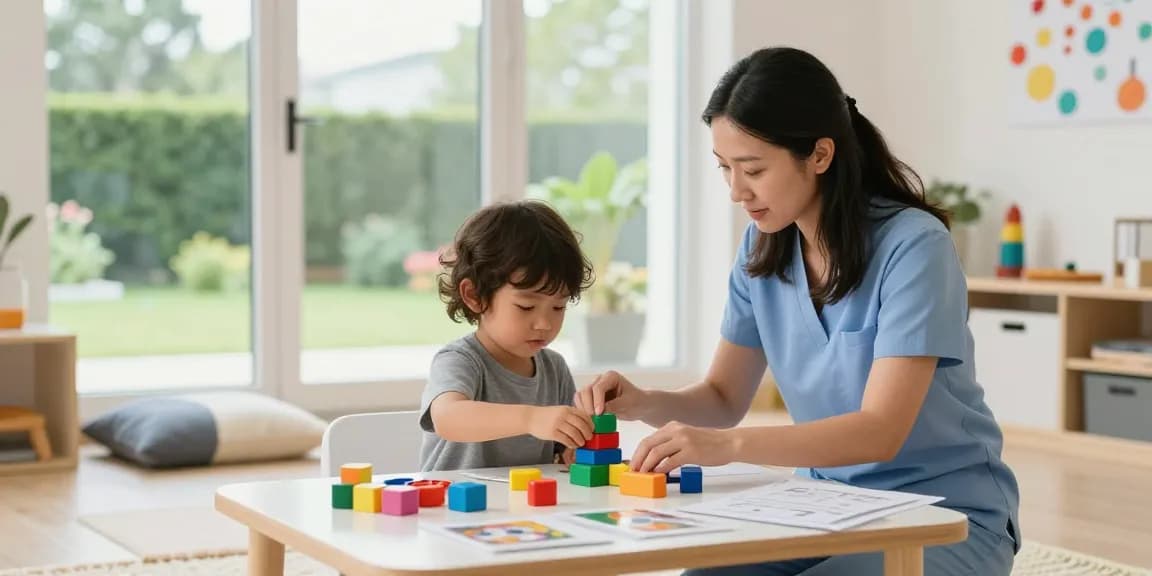 Occupational therapy helping children during engaging play session with therapist in bright room.