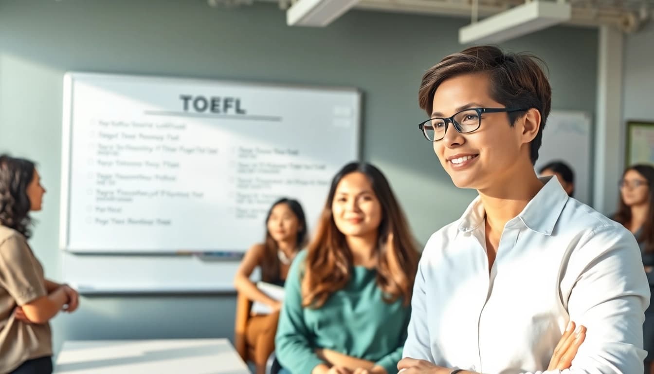 Students receiving toefl expert help from a professional tutor in a bright classroom.