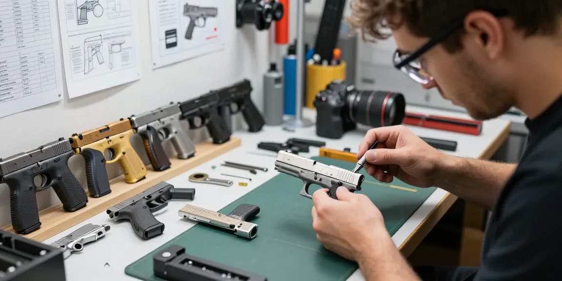 Gunsmith customizing precision Glock slides at https://precisionglockslides.com workspace, showcasing tools and aftermarket parts.