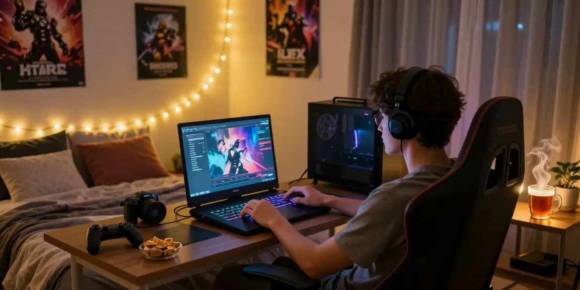 Enjoying immersive html porn games in a cozy bedroom setting with ambient lights.