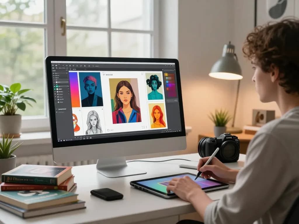 A creative individual using an image to prompt generator in a vibrant workspace filled with art and inspiration.