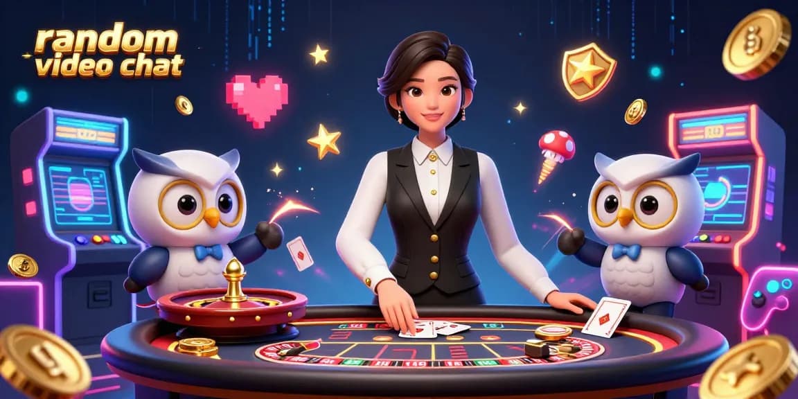 Engage in random video chat with vibrant casino elements featuring dealers and games.