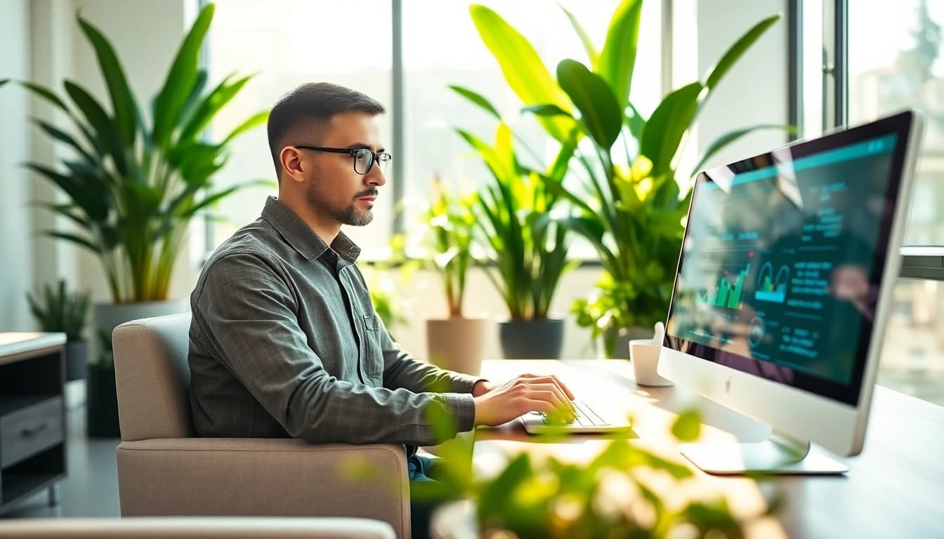 CYB Environmental engineer working in a modern, eco-friendly office setting.
