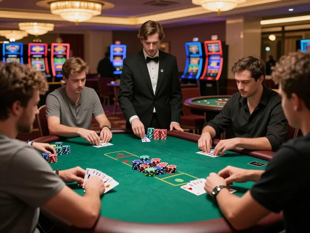Players strategizing at the poker table in the vibrant 123b casino, showcasing expert gameplay.