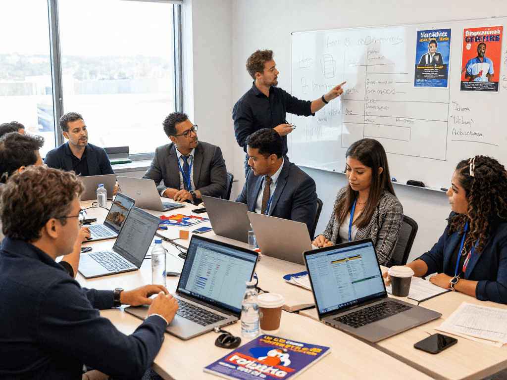 Engaging workspace of a political facebook ads agency with diverse team strategizing for successful campaigns