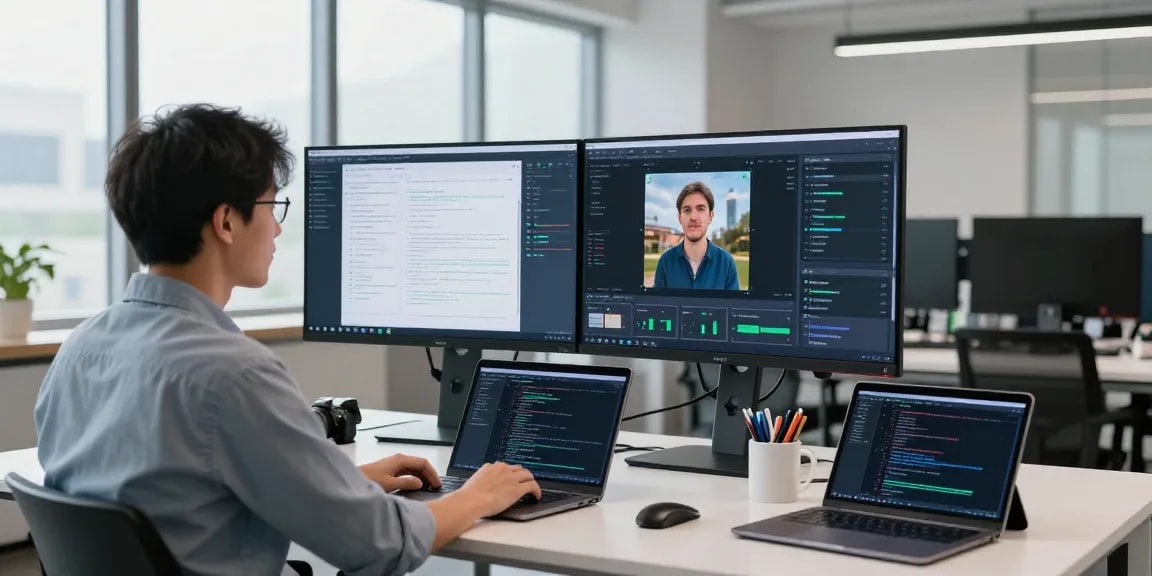 AI image detector showcasing advanced technology tools in a modern workspace with a data scientist analyzing content moderation results.
