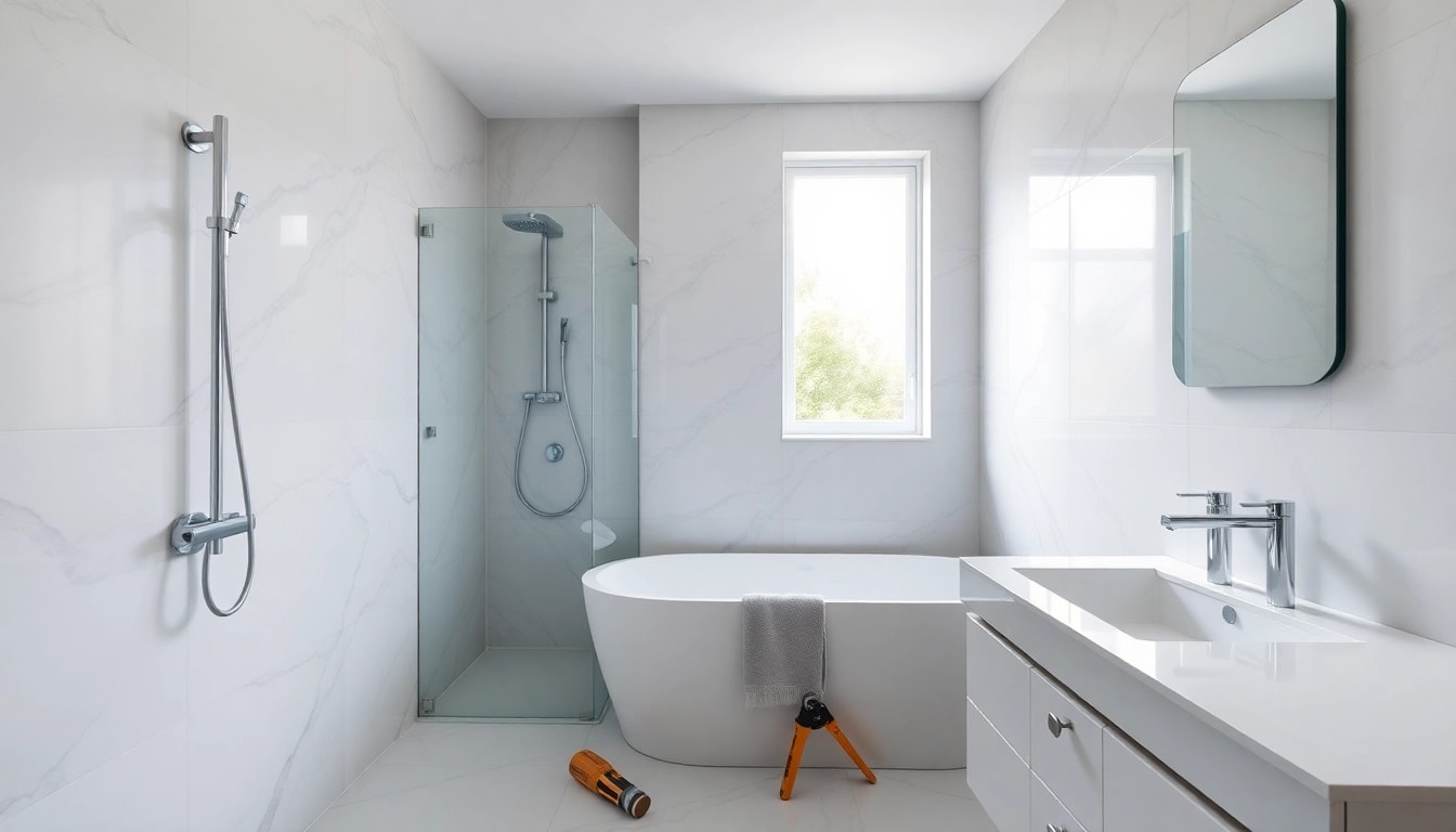 Bathroom builders expertly transforming a modern bathroom with elegant fixtures.