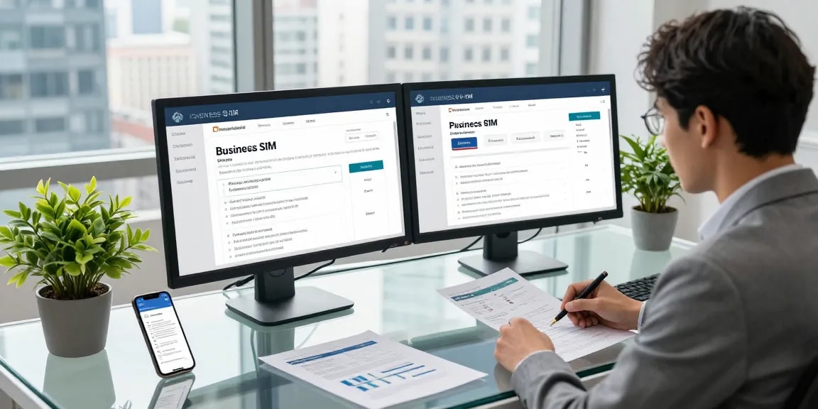 Compare business SIM only deals UK in a modern office setting with documents and screens