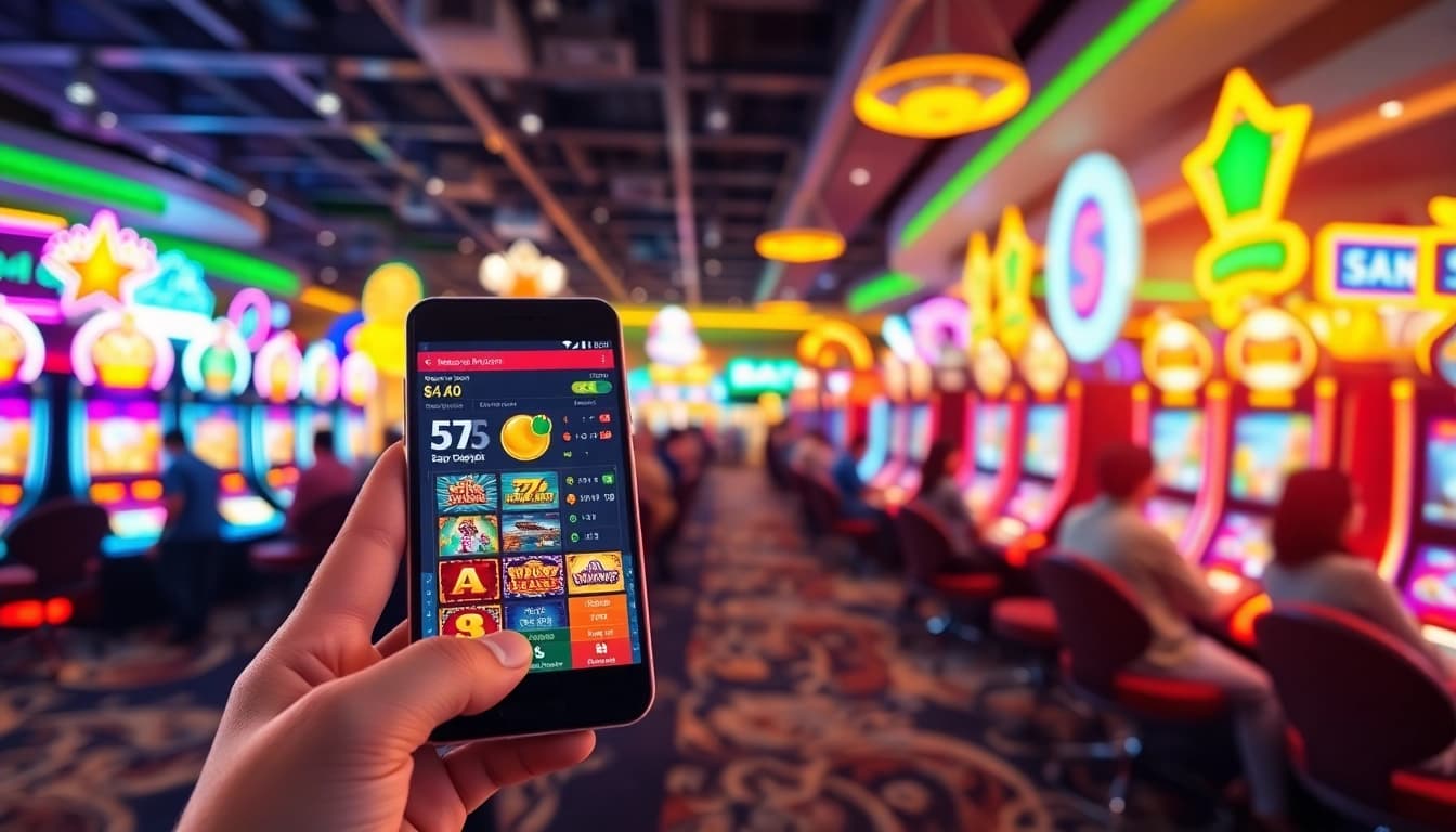 Main screen showing slot depo pulsa gameplay on a smartphone with a lively casino backdrop.
