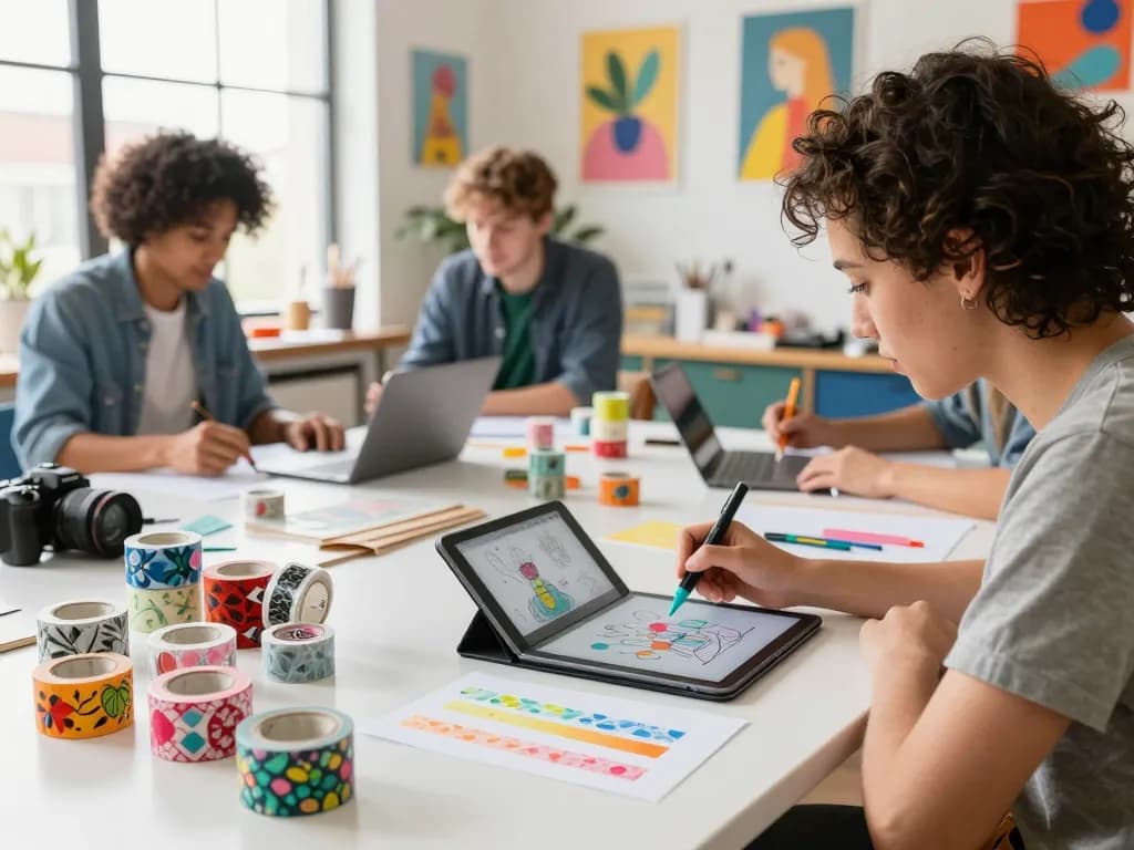 Artists designing custom washi tape in a vibrant creative workspace, showcasing colorful patterns and artistic expressions.