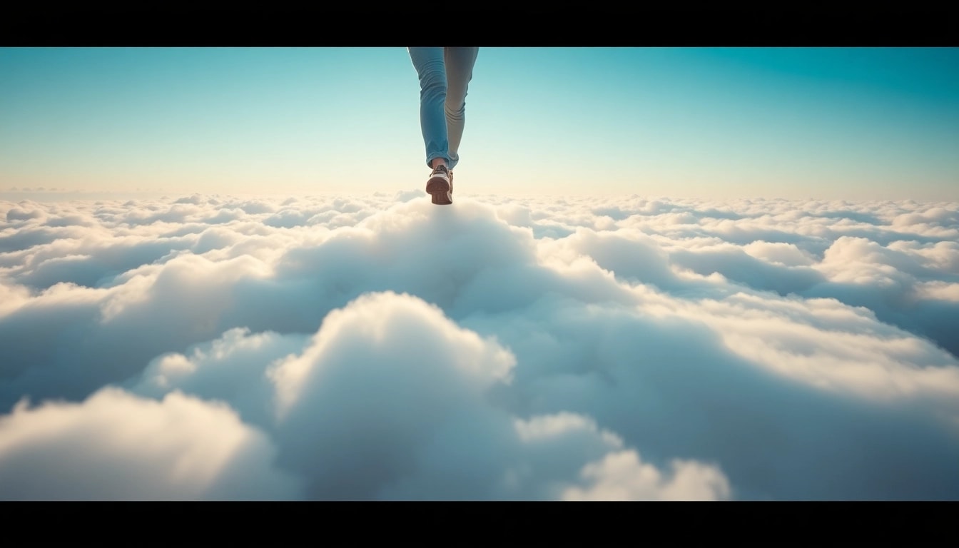 A person walking on clouds enjoys a dreamy experience in a bright sky.
