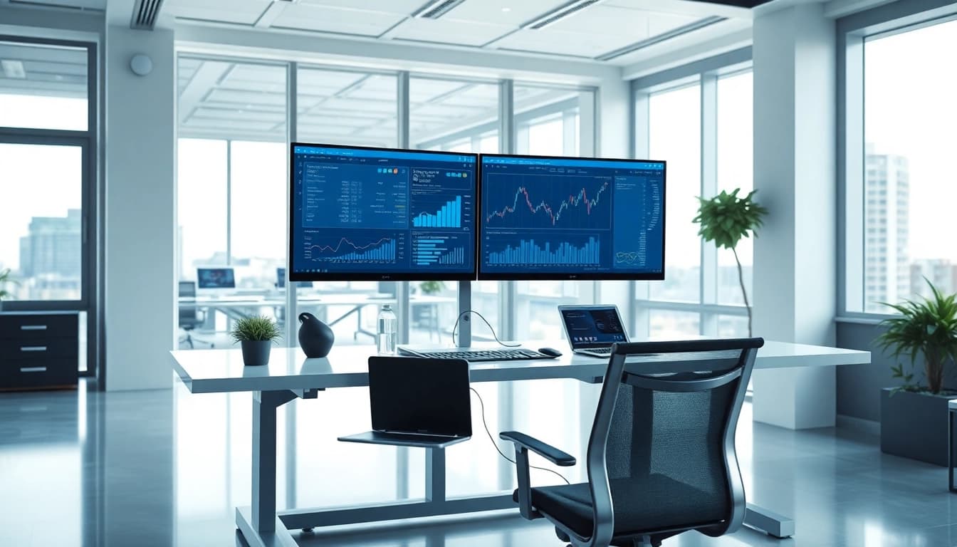 Web scrapping analytics dashboard in a modern high-tech workspace.
