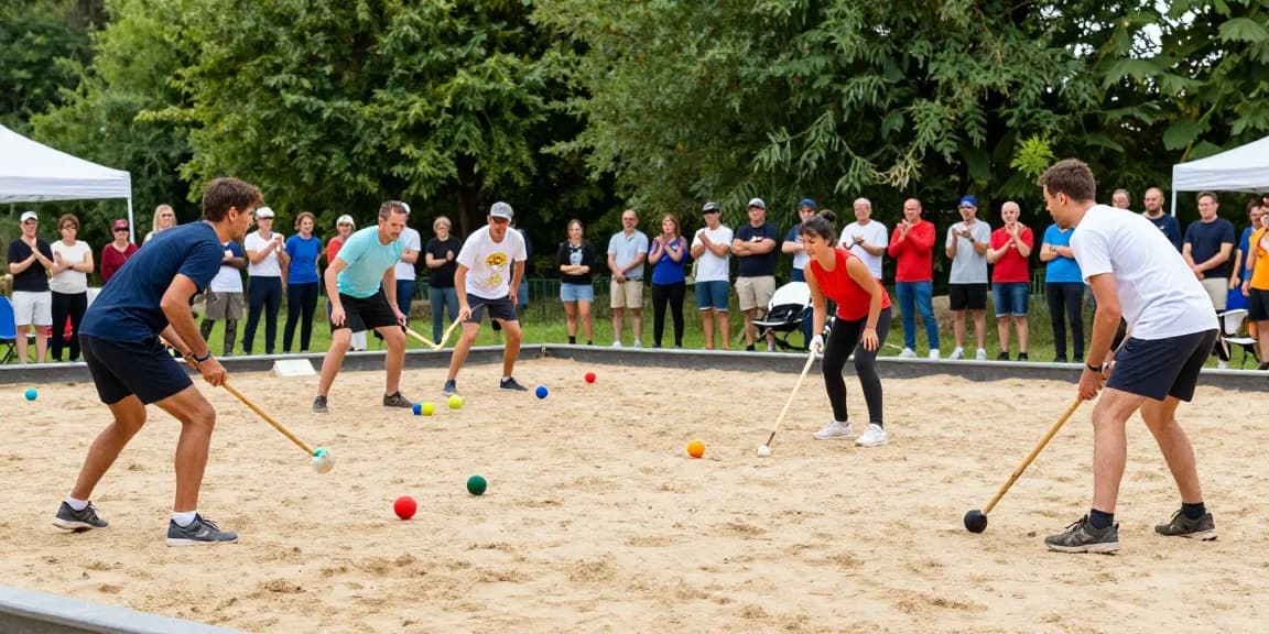 Permainan petanque yang meriah di fopikotabanjarba.org, peserta berseragam berkompetisi di lapangan berpasir.