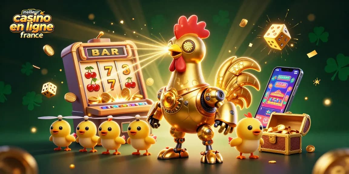 Illustration dynamique du meilleur casino en ligne France avec un robot coq et des jeux captivants.
