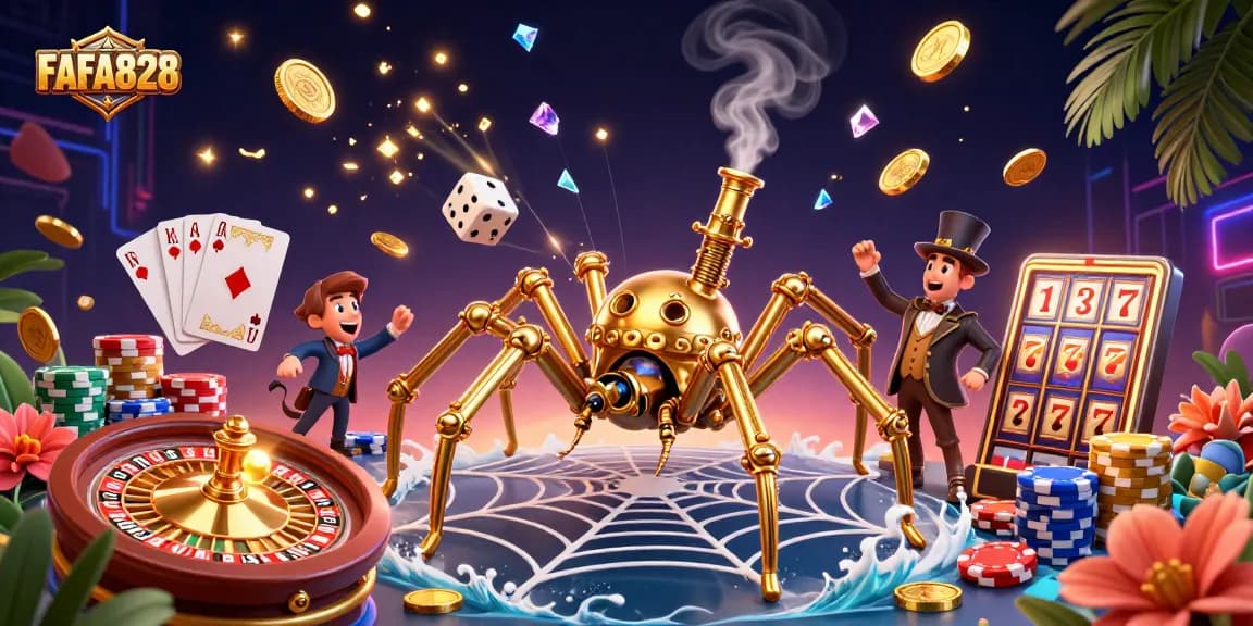 Engage with FAFA828 in this thrilling 3D casino illustration featuring a steampunk spider and a Victorian fly.