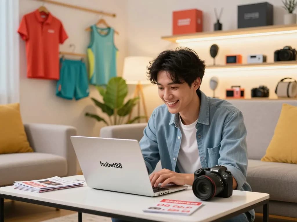 Hubet88 online shopping scene with a joyful shopper exploring new products in a cozy living room.