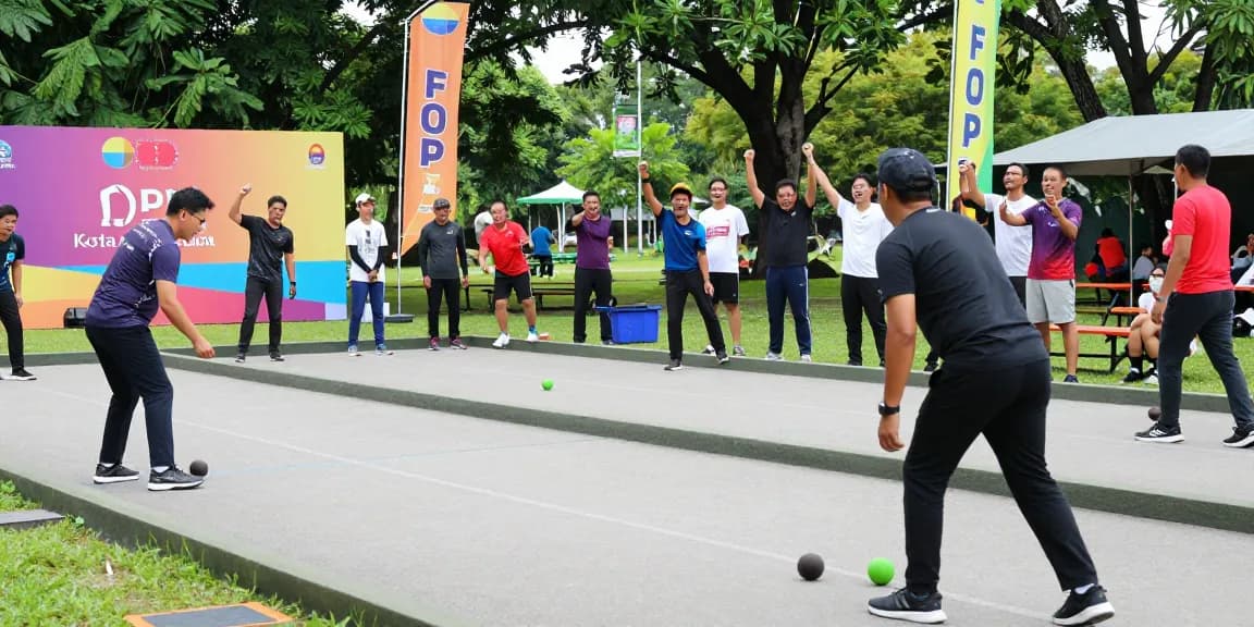 Aktivitas olahraga petanque di fopikotapalu.org, pemain melempar bola di bawah sinar matahari.
